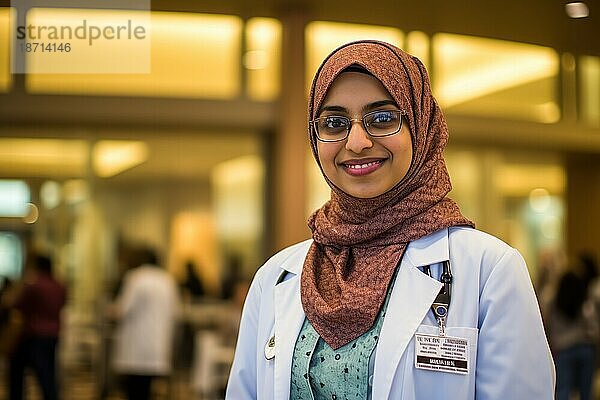 Muslimische Ärztin steht im Krankenhaus. Generative KI