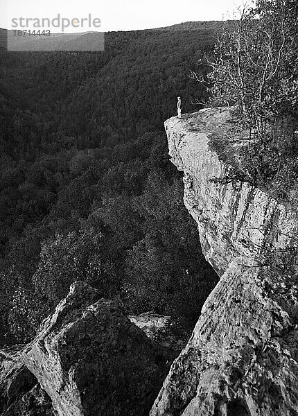 Dame steht auf einem Aussichtspunkt  Devil's Den State Park  Arkansas. (Schwarz und weiß)