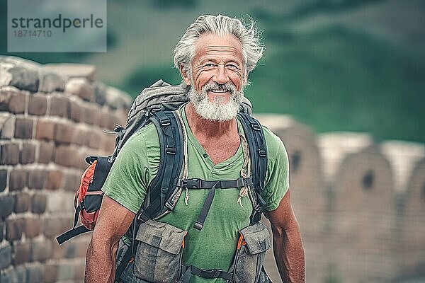 Lächelnder älterer Mann auf Sommerreise. Generative KI