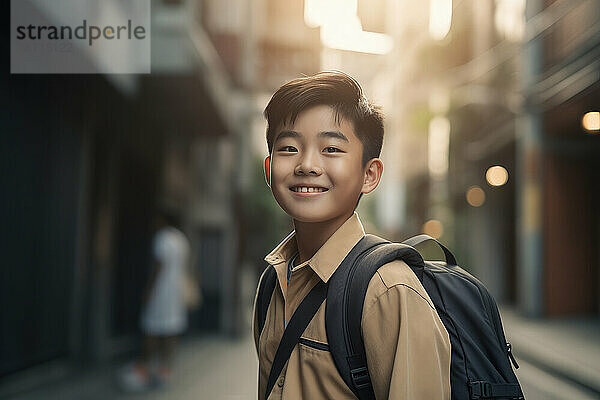 Asiatischer Grundschuljunge lächelt  zurück zur Schule. Generative KI.