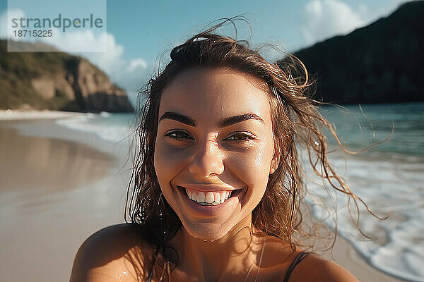 Lächelndes junges Mädchen im Wasser am Strand. KI generativ