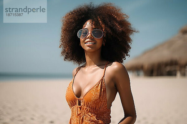 Lächelnde Afro-Frau mit Sonnenbrille posiert am Strand. KI generativ