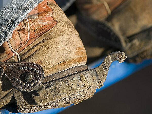 Stiefel mit Sporen eines Rodeo-Cowboys bei der Arbeit.