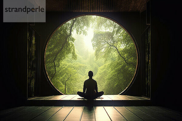 Meditierende Person  die aus einem runden Fenster schaut. Generative KI.