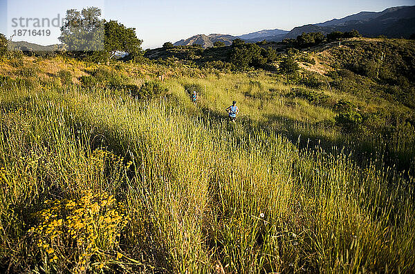 Trailrunner durchqueren bei Sonnenaufgang grüne Felder.