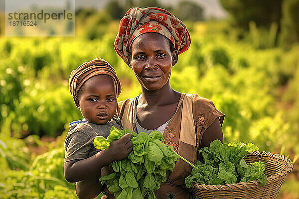 Afrikanische Bäuerin mit ihrem Baby. Generative KI