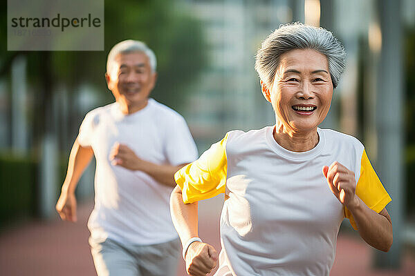 Fröhliches  aktives älteres asiatisches Paar joggt auf der Straße. Generative KI.