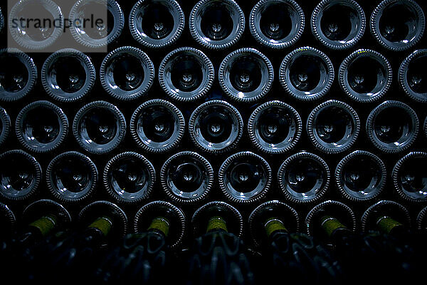 Weinflaschen stapeln sich im Weingut Taramilla in Prado del Rey  Provinz Cádiz  Andalusien  Spanien.