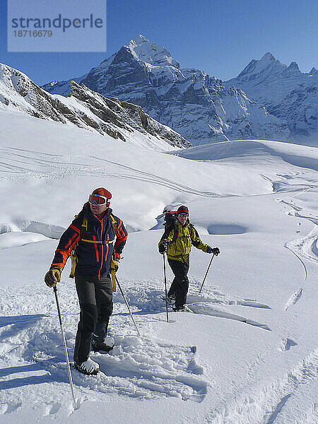Zwei Skifahrer warten darauf  dass ihre Freunde einen steilen Hang im Pulverschnee hinunterfahren.
