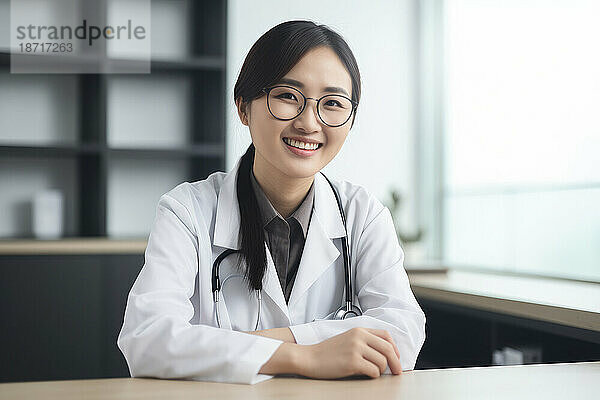 Porträt einer asiatischen Ärztin an ihrem Schreibtisch. Generative KI.