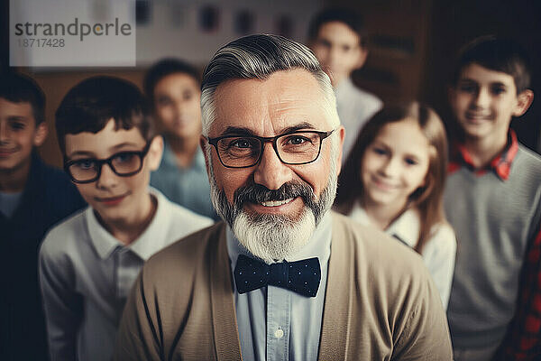 Portrait of mature caucasian teacher with his students. Generative AI.