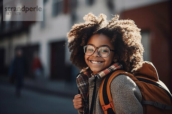 African elementary schoolgirl smiling  back to school. Generative AI.