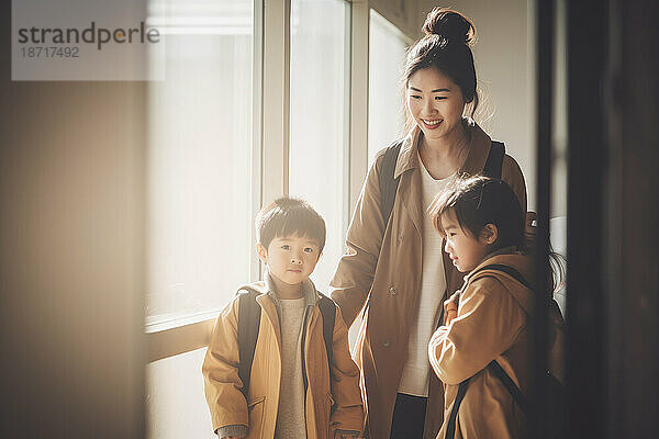 Lächelnde asiatische Mutter bringt ihre Kinder zur Schule. Generative KI.
