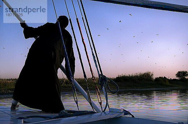 Mann rudert im Morgengrauen den Nil hinunter