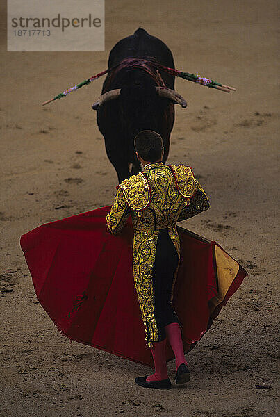 Matador mit Muleta (Umhang) vor dem Stier während des Tercio de Muerte „dem dritten Tod“ während eines Stierkampfs in Toledo  Spanien.