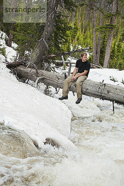 Ein Wanderer entspannt sich auf einem umgestürzten Baumstamm  der einen reißenden Bach in Baker Gulch  Never Summer Wilderness  Colorado überbrückt.