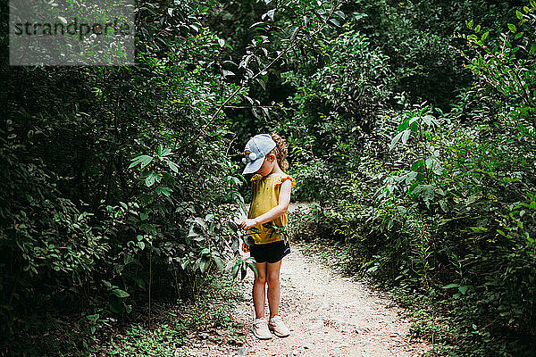 Junges Mädchen mit Regenbogenhut wandert durch Bäume
