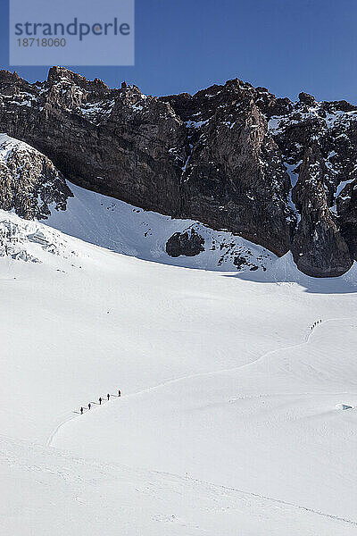Kletterseilteams steigen einen Pfad in Richtung Camp Muir am Mount Rainier hinab