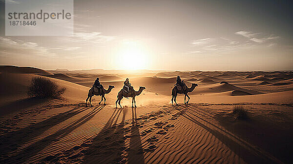 Bildgenerative KI. Gruppe von Beduinen auf Wüstenlandschaft