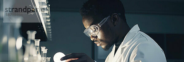 Junger afrikanischer männlicher Wissenschaftler bei der Arbeit im Labor. Generative KI.