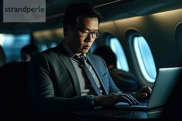 Asiatischer Geschäftsmann arbeitet im Flugzeug am Laptop. Generative KI.