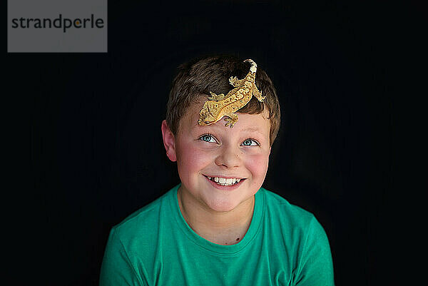Junge mit blauen Augen hat lächelnd einen Gecko mit Haube auf dem Kopf