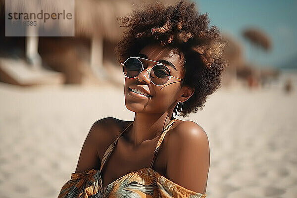 Lächelnde Afro-Frau mit Sonnenbrille posiert am Strand. KI generativ