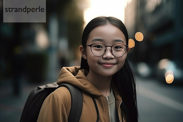 Lächelndes asiatisches Grundschulmädchen  zurück zur Schule. Generative KI.
