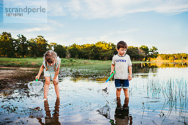 Junge Mädchen und Junge schauen in den See  um mit einem Fischernetz Fische zu fangen