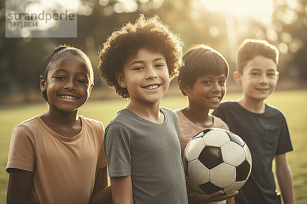 Gemischtrassige Jugendliche mit Fußball auf dem Spielplatz. Generative KI.