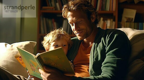Junger Vater mit seinem Sohn  der ein Buch liest. Generative KI