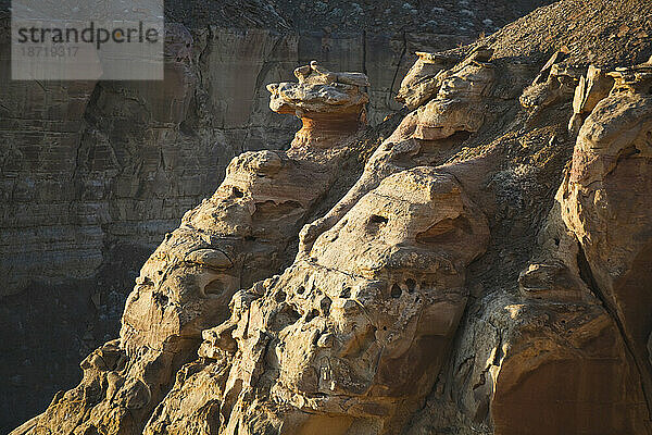 Detail ungewöhnlicher Felsformationen  die durch Winderosion am Rand eines Canyonsystems in der Nähe von Factory Butte  Utah  entstanden sind.