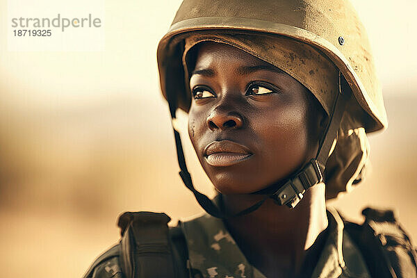 Afrikanische Soldatin auf dem Schlachtfeld. Generative KI.