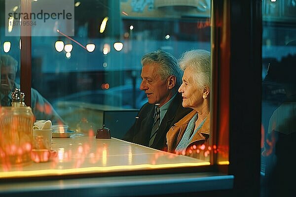 Kaffee-Date eines älteren Paares in einer neonbeleuchteten Bar. Generative KI