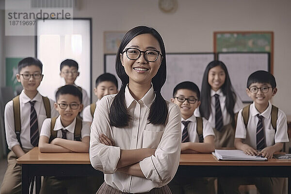 Porträt einer asiatischen Lehrerin mit seinen Schülern. Generative KI.