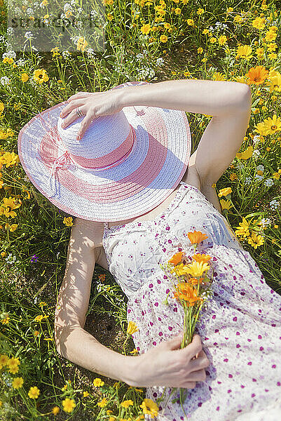 Draufsicht auf eine schöne Frau im Kleid  die auf einer Wiese liegt und an einem sonnigen Tag mit Blumen genießt