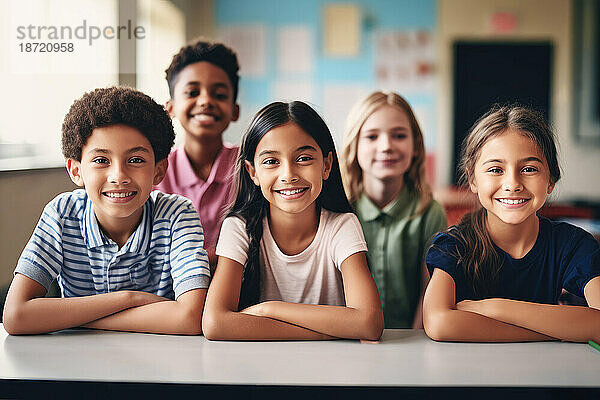 Porträt gemischtrassiger  glücklicher Schüler im Unterricht. Generative KI.