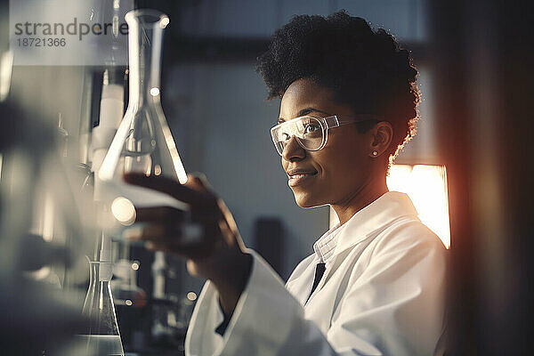 Junge afrikanische Wissenschaftlerin bei der Arbeit im Labor. Generative KI.