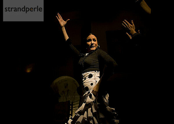 Eine Flamenco-Tänzerin oder Bailaora tritt in Jerez de la Frontera  Provinz Cádiz  Andalusien  Spanien auf.