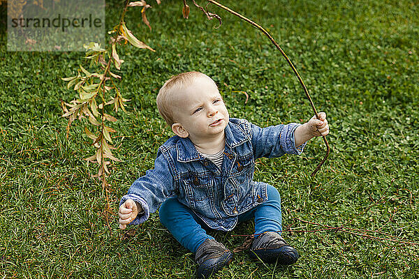 Ein Baby sitzt im Gras  schaut nach oben und spielt mit einem Ast