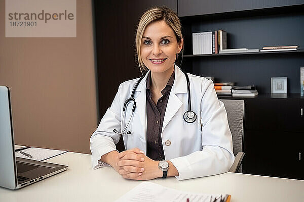 Porträt einer kaukasischen Ärztin an ihrem Schreibtisch. Generative KI.
