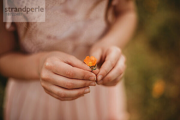 Mädchen hält eine orangefarbene Blume