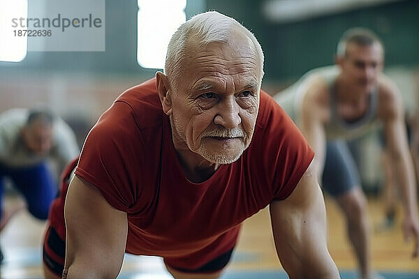 An old caucasian man doing gymnastic with other peoples. Generative AI