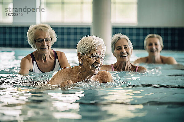 Glückliche ältere Frauen trainieren im Pool. Generative IA