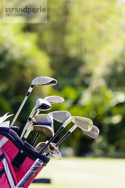 Nahaufnahme von Golfschlägern in der Golftasche