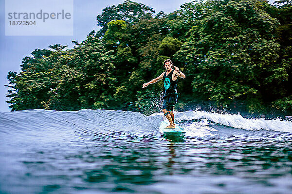 Männlicher Surfer auf Welle gegen grüne Bäume