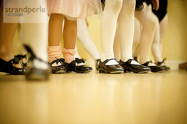 Tiefer Blick auf die mit Steppschuhen bekleideten Füße einer Gruppe kleiner Mädchen in einem Tanzstudio.