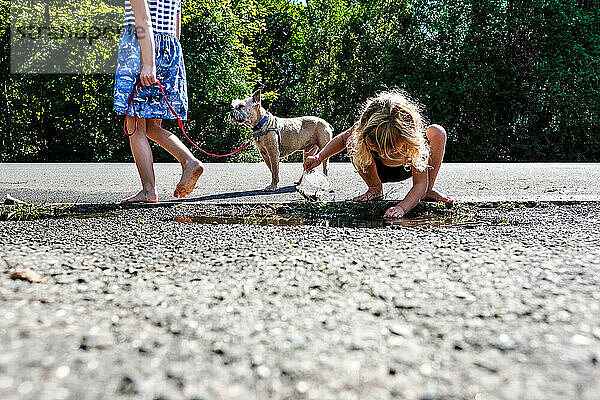 Zwei Mädchen  die draußen auf der Straße spielen und Pfützen spielen  und ein laufender Hund