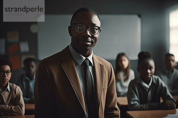 Porträt eines afrikanischen männlichen Lehrers mit seinen Schülern. Generative KI.