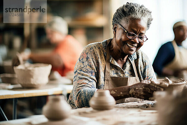 Lächelnde alte afrikanische Frau  die in einer Klasse Keramik lernt. Generative KI.